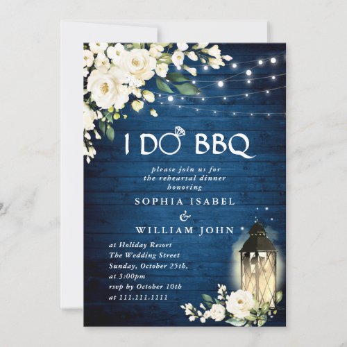 White Roses Blue Wood Lantern Rehearsal Dinner Invitation