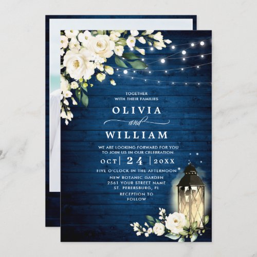 White Roses Blue Wood Lantern Watercolor Wedding Invitation