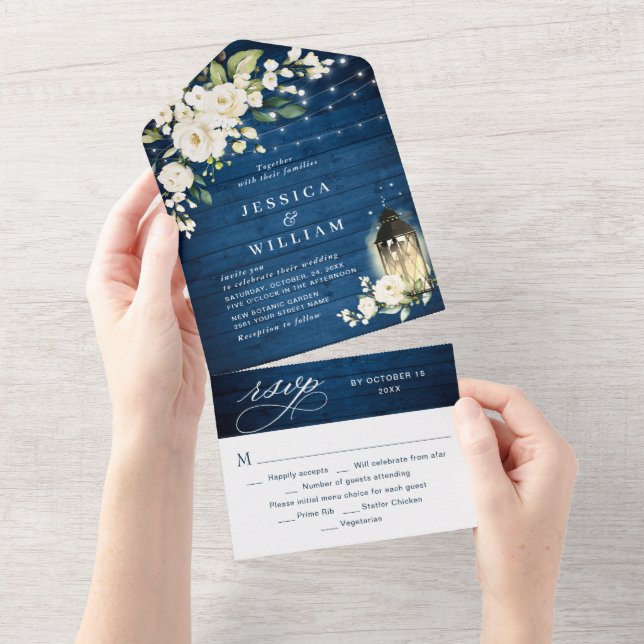 White Roses Blue Wood Lantern Wedding All In One Invitation (Tearaway)