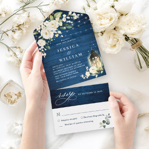White Roses Blue Wood Lantern Wedding All In One Invitation