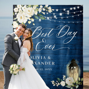 White Roses Blue Wood Lantern Wedding Backdrop