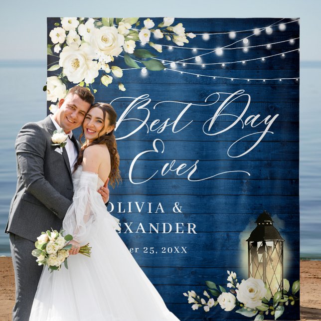 White Roses Blue Wood Lantern Wedding Backdrop (Creator Uploaded)