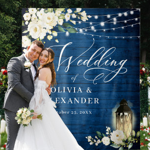 White Roses Blue Wood Lantern Wedding Backdrop