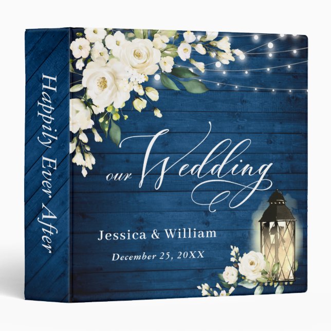 White Roses Blue Wood Lantern Wedding Binder (Front/Spine)