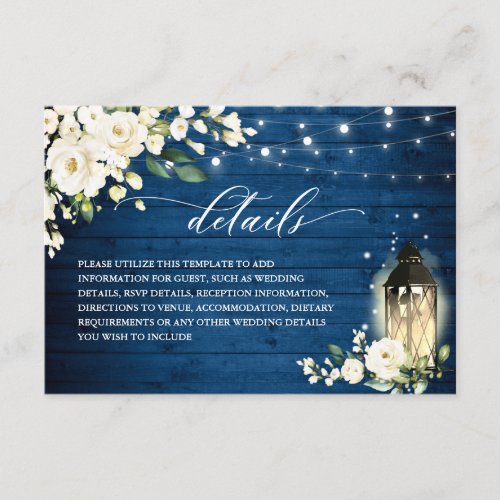 White Roses Blue Wood Lantern Wedding Details Enclosure Card