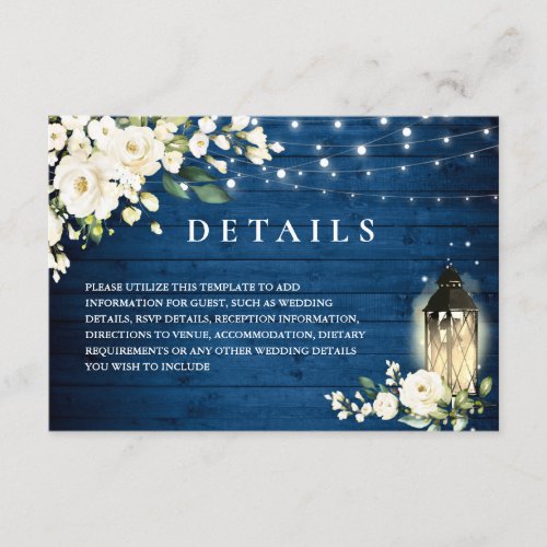 White Roses Blue Wood Lantern Wedding Details Enclosure Card