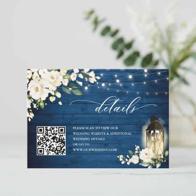 White Roses Blue Wood Lantern Wedding Details Enclosure Card (Standing Front)