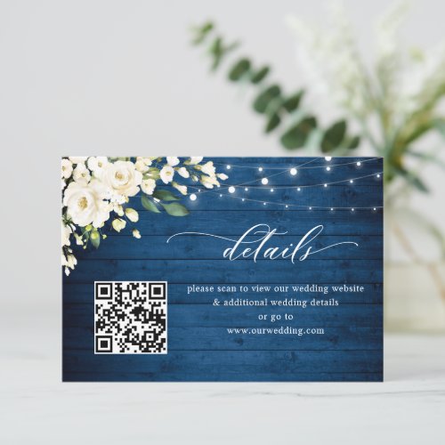 White Roses Blue Wood Lantern Wedding QR code Enclosure Card