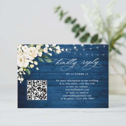 White Roses Blue Wood Lantern Wedding QR code RSVP Card