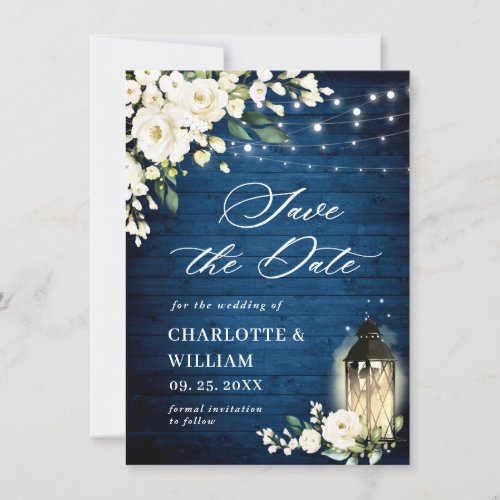 White Roses Blue Wood Lantern Wedding QR code Save The Date