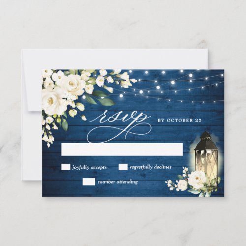 White Roses Blue Wood Lantern Wedding RSVP Card