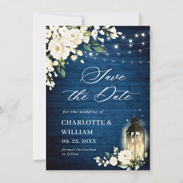 White Roses Blue Wood Lantern Wedding Save The Date (Front)
