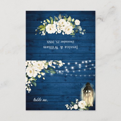White Roses Blue Wood Lantern Wedding Table Card