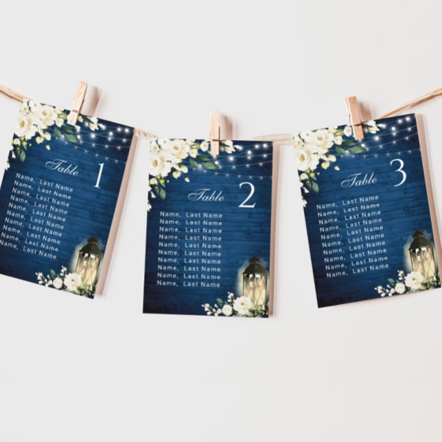 White Roses Blue Wood Lantern Wedding Table Number (Creator Uploaded)