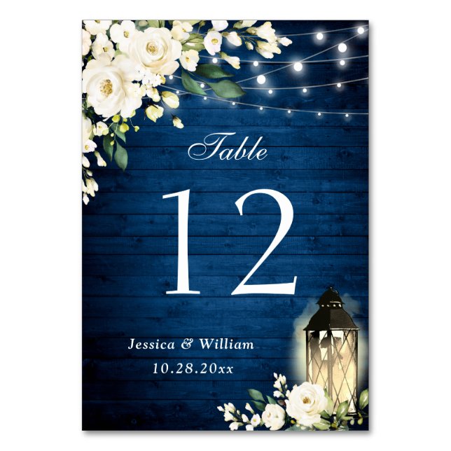 White Roses Blue Wood Lantern Wedding Table Number (Front)