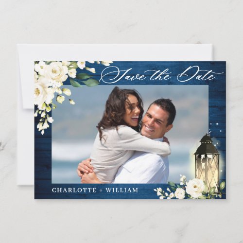 White Roses Blue Wood PHOTO Wedding Save The Date