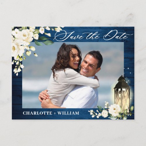 White Roses Blue Wood PHOTO Wedding Save the Date Postcard