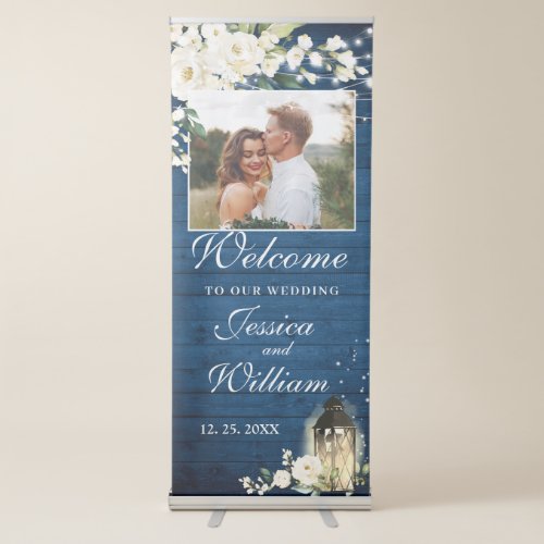 White Roses Blue Wood PHOTO Wedding Welcome Retractable Banner