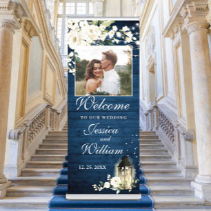 White Roses Blue Wood PHOTO Wedding Welcome Retractable Banner