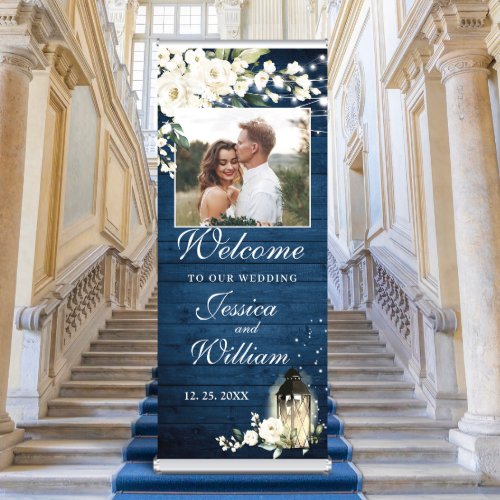 White Roses Blue Wood PHOTO Wedding Welcome Retractable Banner