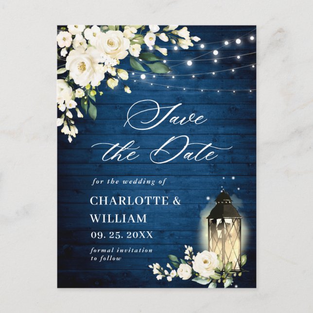 White Roses Blue Wood Wedding Save the Date Postcard (Front)
