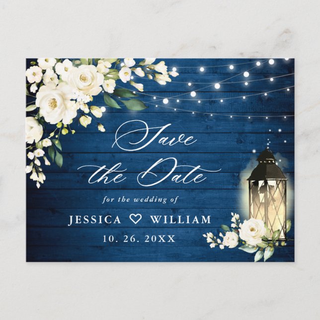 White Roses Blue Wood Wedding Save the Date Postcard (Front)