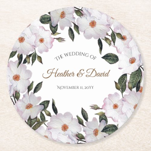 White Roses Botanical Illustration Wedding Round Paper Coaster