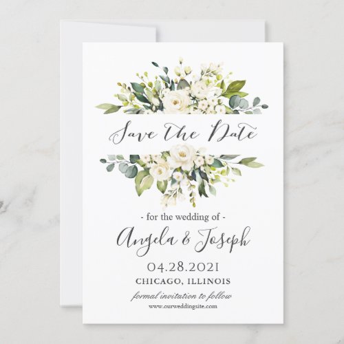 White Roses Bouquet Greenery Floral Wedding Save The Date - White Roses Bouquet Greenery Floral Wedding Save the Date Card. 
(1) For further customization, please click the "customize further" link and use our design tool to modify this template. 
(2) If you prefer Thicker papers / Matte Finish, you may consider to choose the Matte Paper Type. 
(3) If you need help or matching items, please contact me.