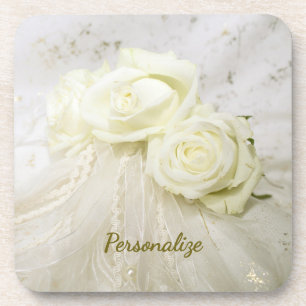 White Roses Bouquet Vintage Lace Veil Personalize Beverage Coaster