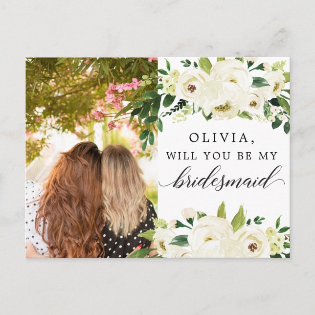 White Roses Bridesmaid Proposal Card with Photo (Front)