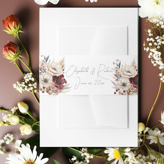 White Roses Burgundy Poppies Watercolor   Invitation Belly Band (Creator Uploaded)