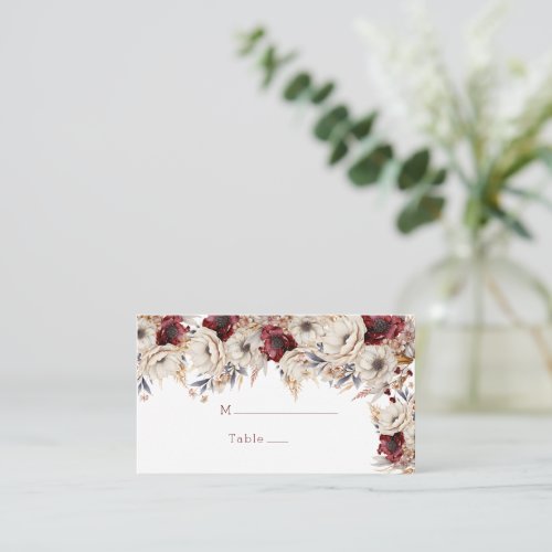  White Roses Burgundy Poppies Wedding Place Card