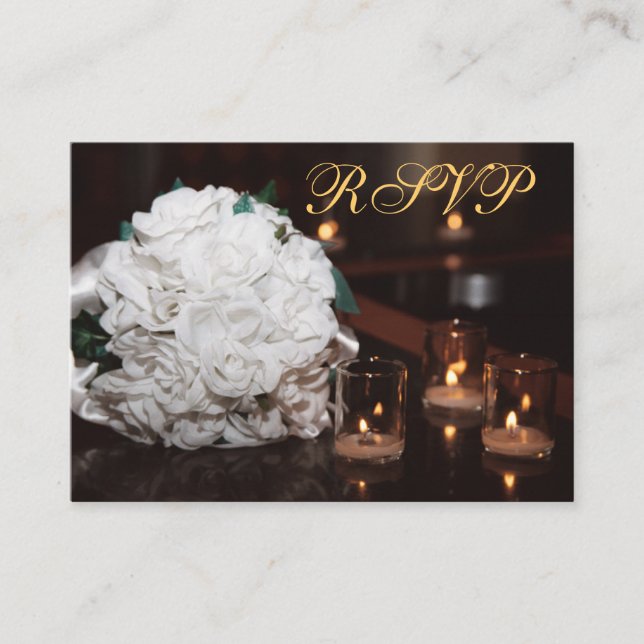 White Roses & Candlelight Gold RSVP Wedding Card (Front)