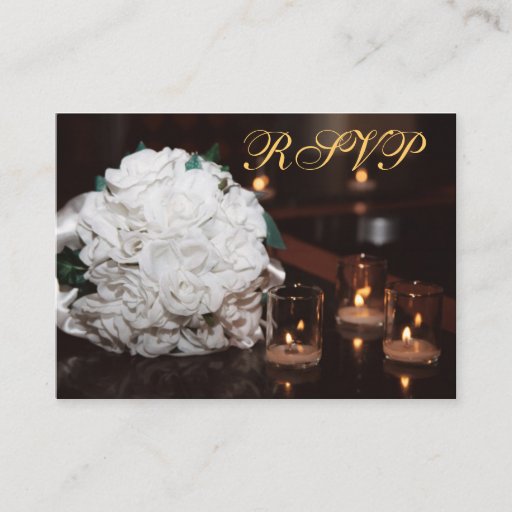 Customizable White Roses & Candlelight Gold RSVP Wedding Card Business Card