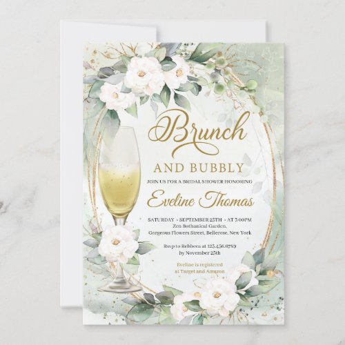 White roses champagne glass gold brunch and bubbly invitation