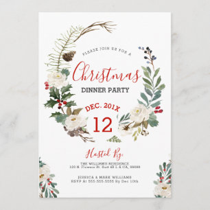 White roses & Christmas holly wreath party invite