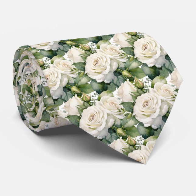 White Roses Classic Formal Floral Neck Tie (Rolled)