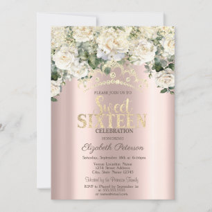 White Roses,Confetti,Crown Rose Gold Sweet 16 Invitation