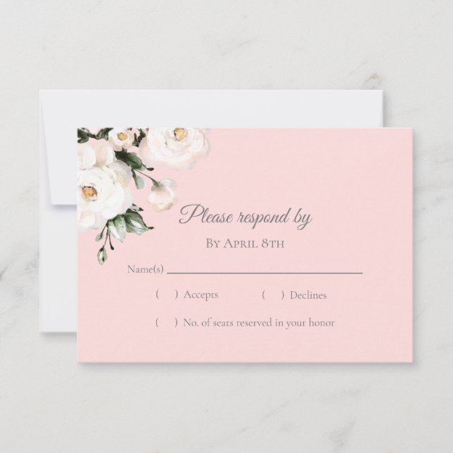 White Roses Corner Bouquet | Pink RSVP Card (Front)