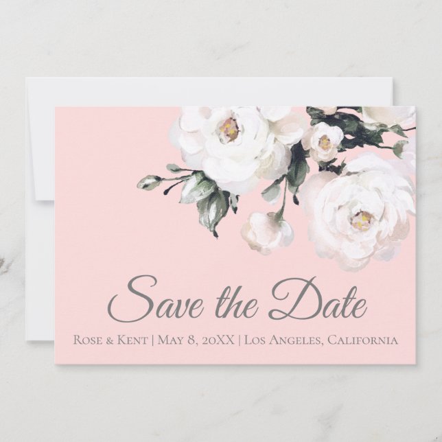White Roses Corner Bouquet | Pink Save The Date (Front)
