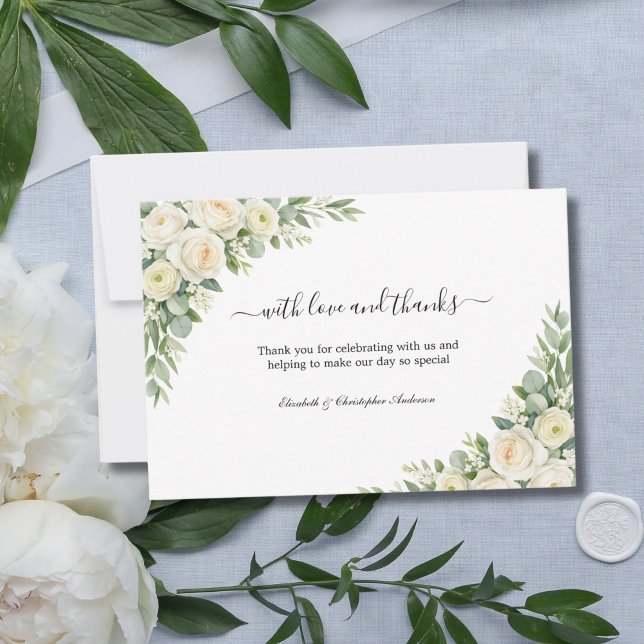 White Roses Cream Floral Greenery Wedding Thank You Card (White Roses Cream Watercolor Florals Elegant Classic Wedding thank you cards)