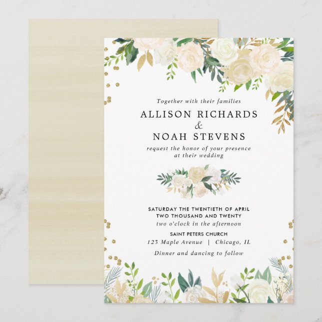 White roses cream gold elegant floral wedding invitation (Front/Back)