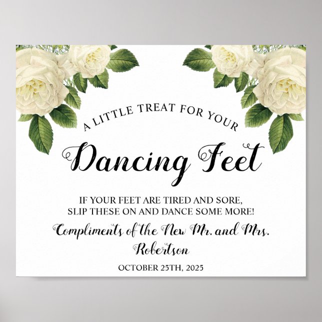 White Roses Dancing Feet Flip Flops Wedding Sign (Front)