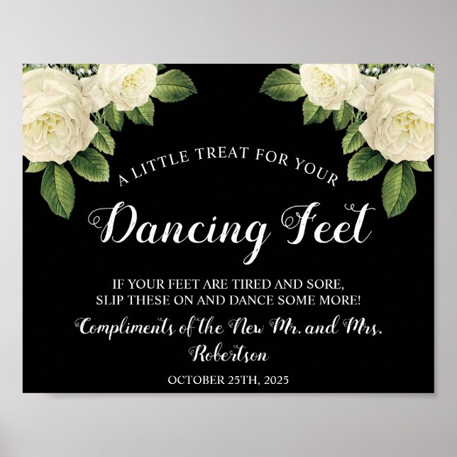 White Roses Dancing Feet Flip Flops Wedding Sign (Front)