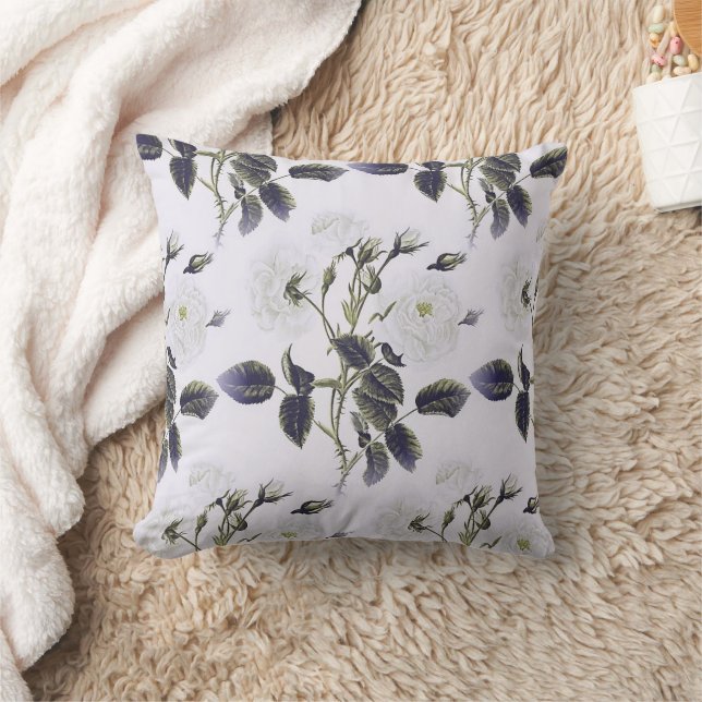 White Roses Decorative Gray Leaves Throw Pillow (Blanket)