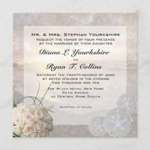 White Roses & Diamond Sand Dollar Wedding Invitation