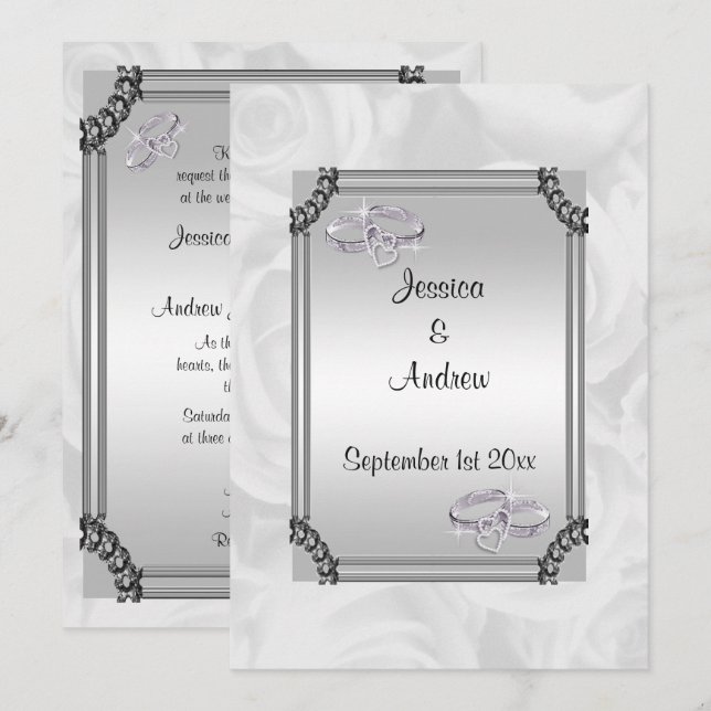 White Roses & Diamond Wedding Rings Invitation (Front/Back)