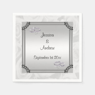 White Roses & Diamond Wedding Rings Paper Napkins