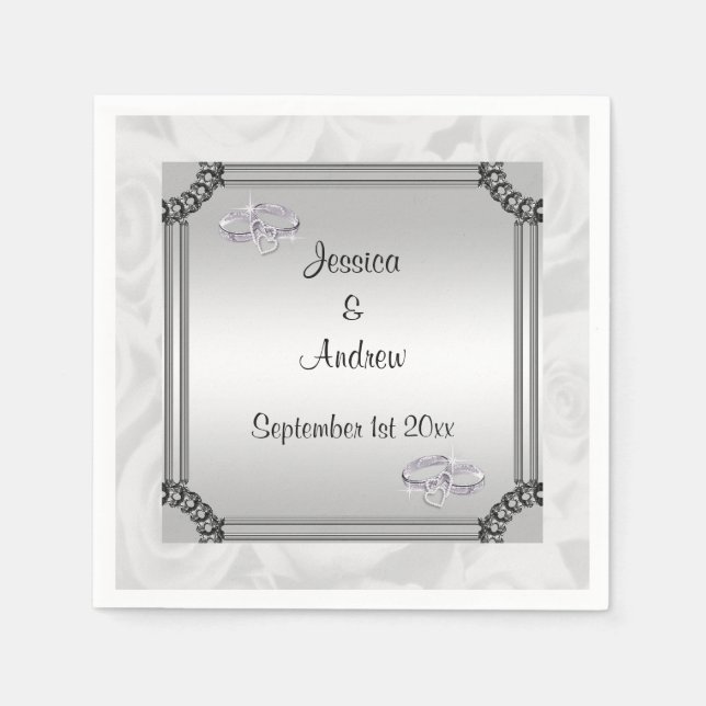 White Roses & Diamond Wedding Rings Paper Napkins (Front)