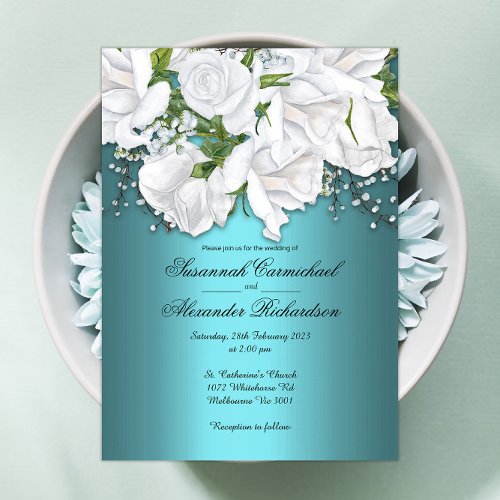White Roses Elegance on Aqua Wedding Invitation
